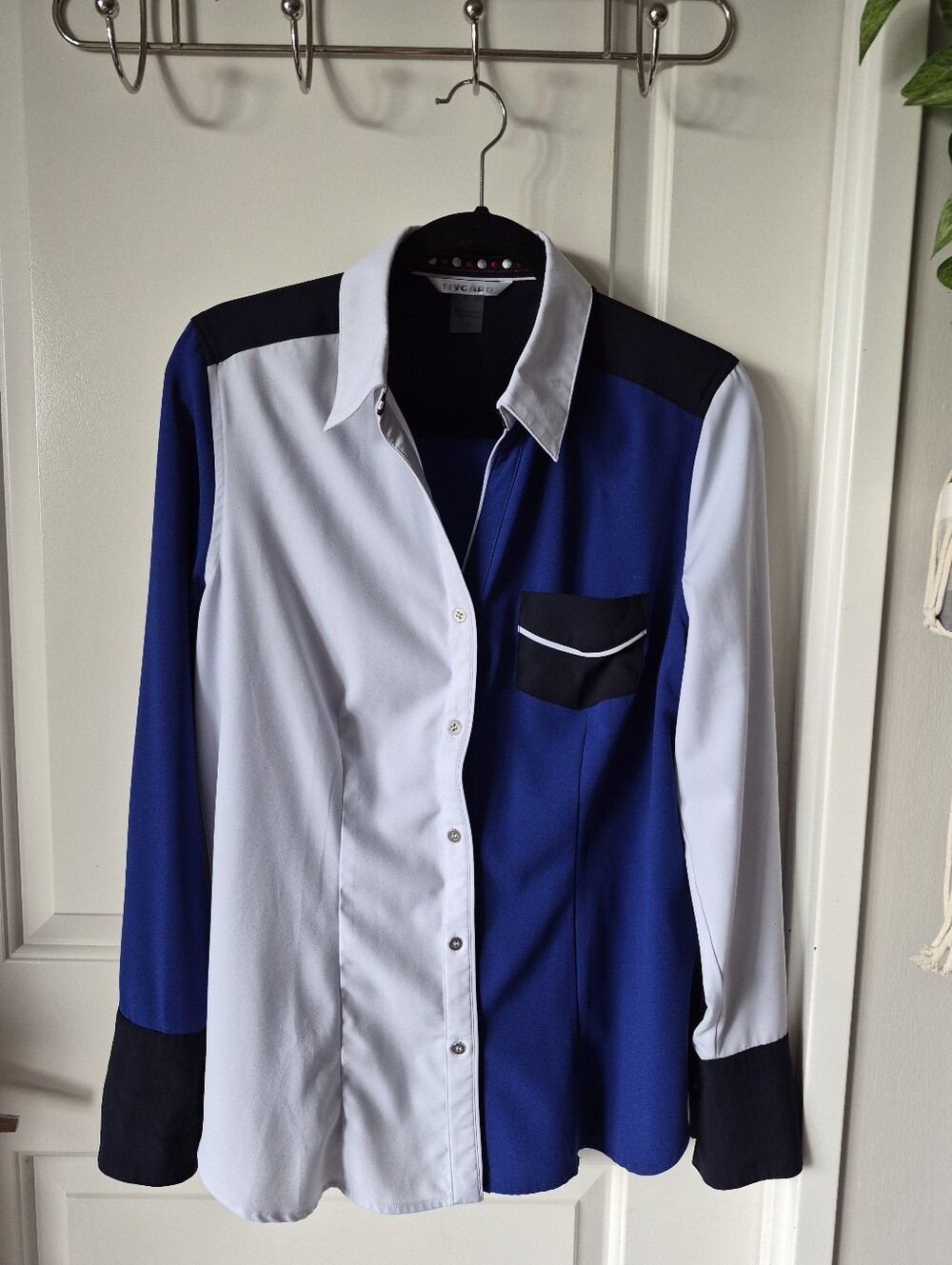 Blue, White & Black Colorblock Button-Down Shirt